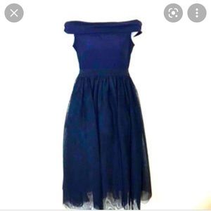NWT Hope & Harlow Nanette Navy off-shoulder Tulle Midi Dress. Size 8